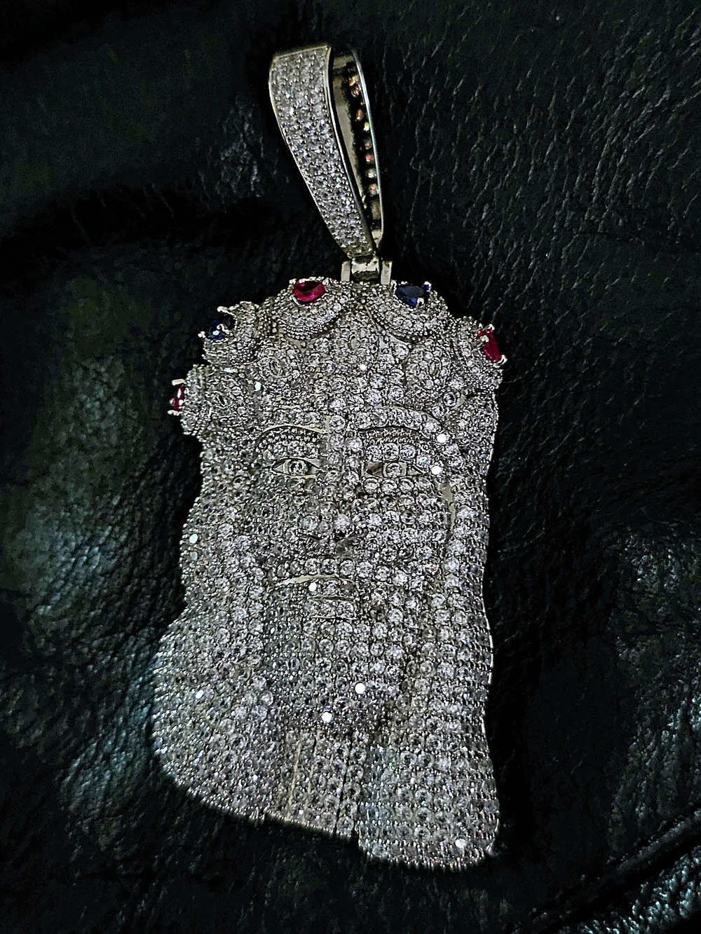 Pave Jesus Head Pendant with Red & Blue Accents